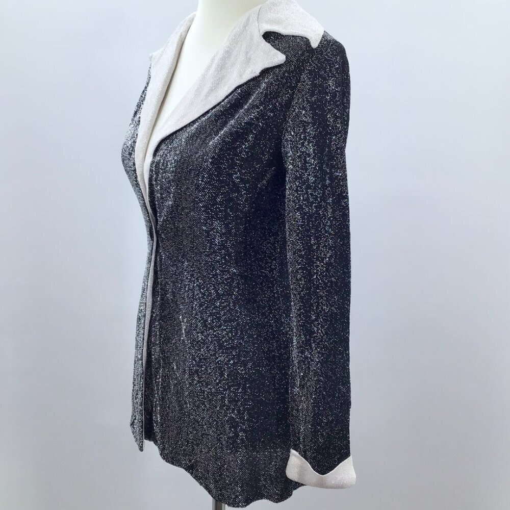 Vintage 1970s Disco Top Women's 10 Black White Metallic Butterfly Collar Retro - Picture 6 of 12
